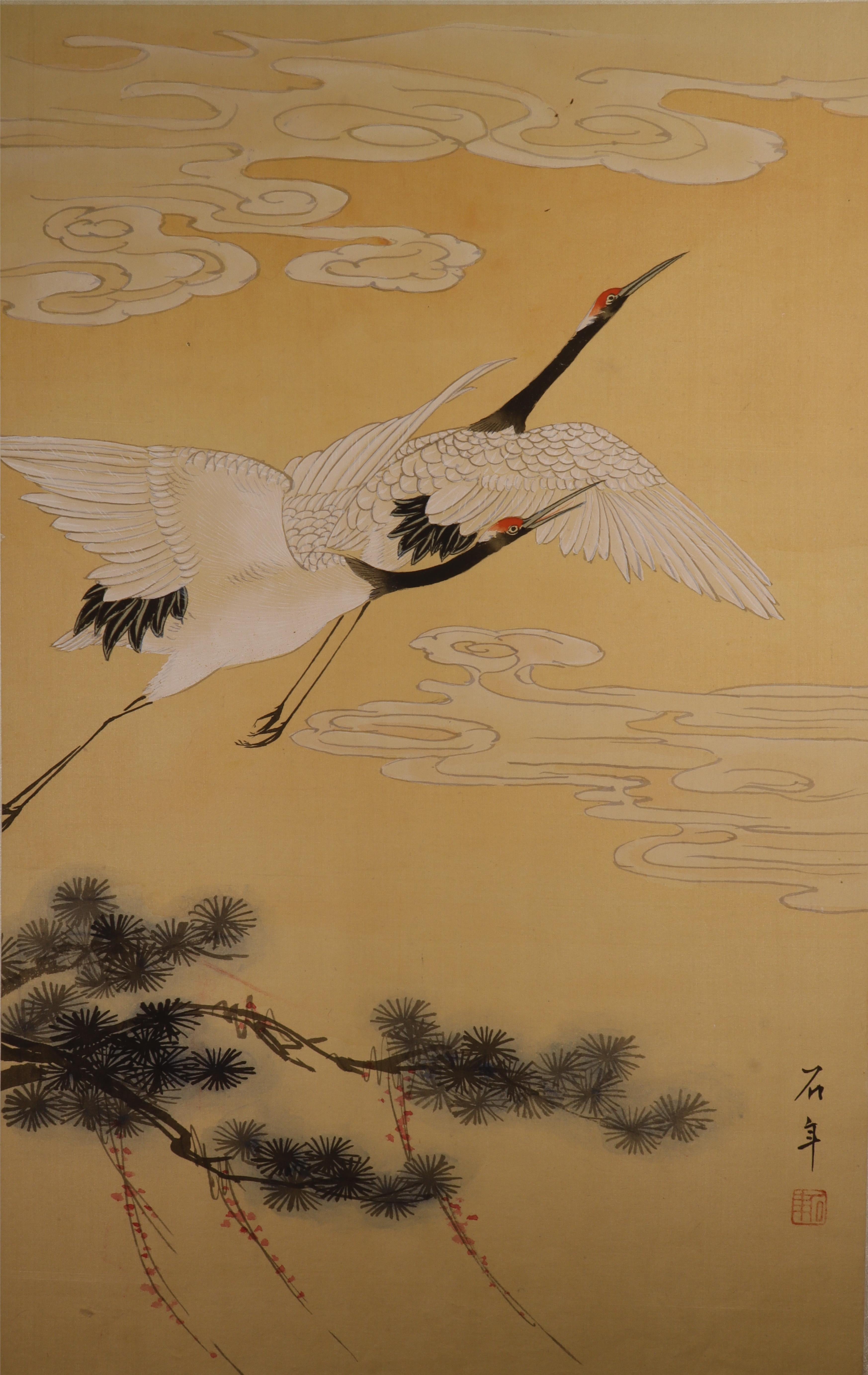 Red-Crowned Crane Silk Painting Art