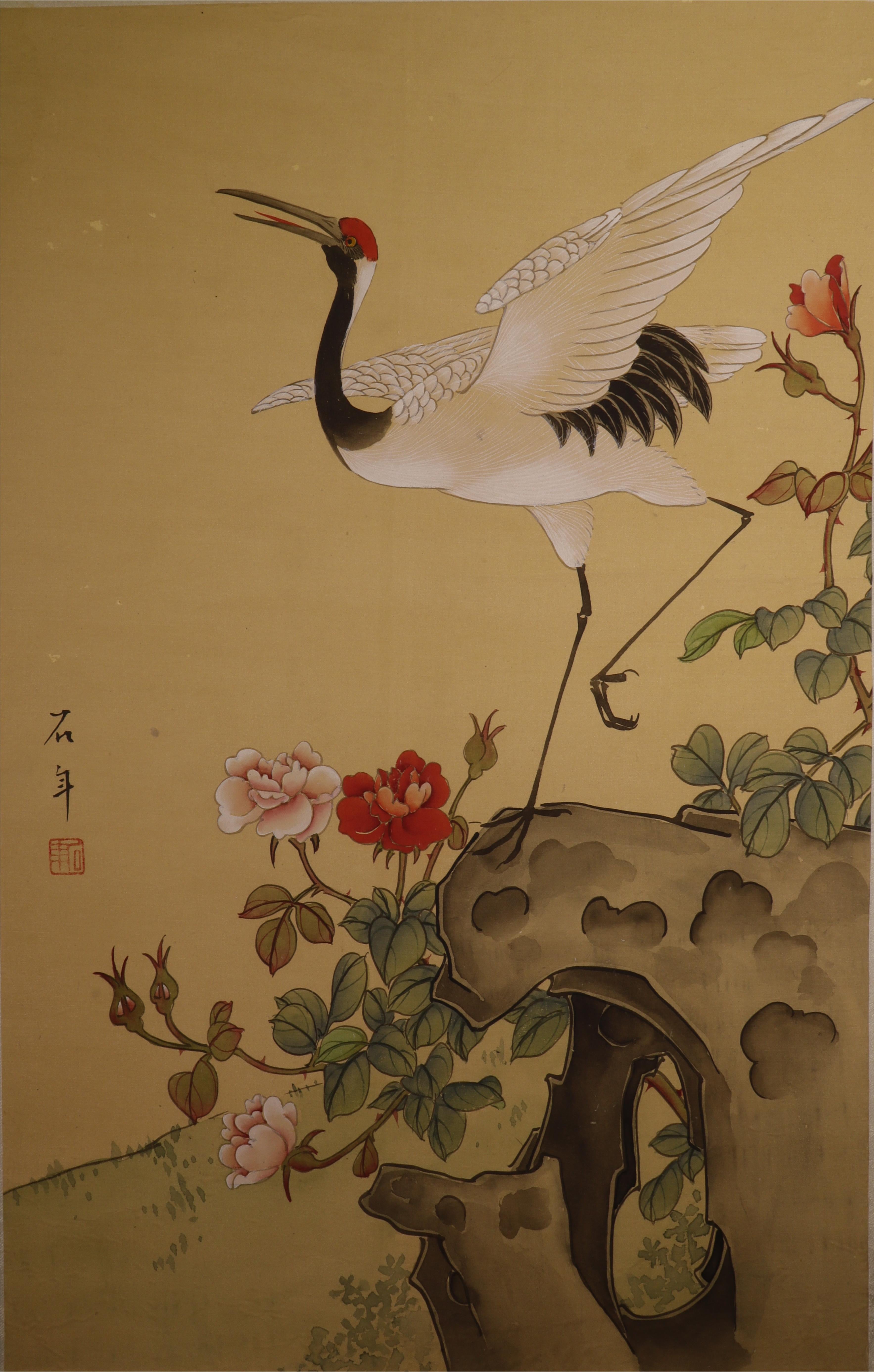 Red-Crowned Crane Silk Painting Art