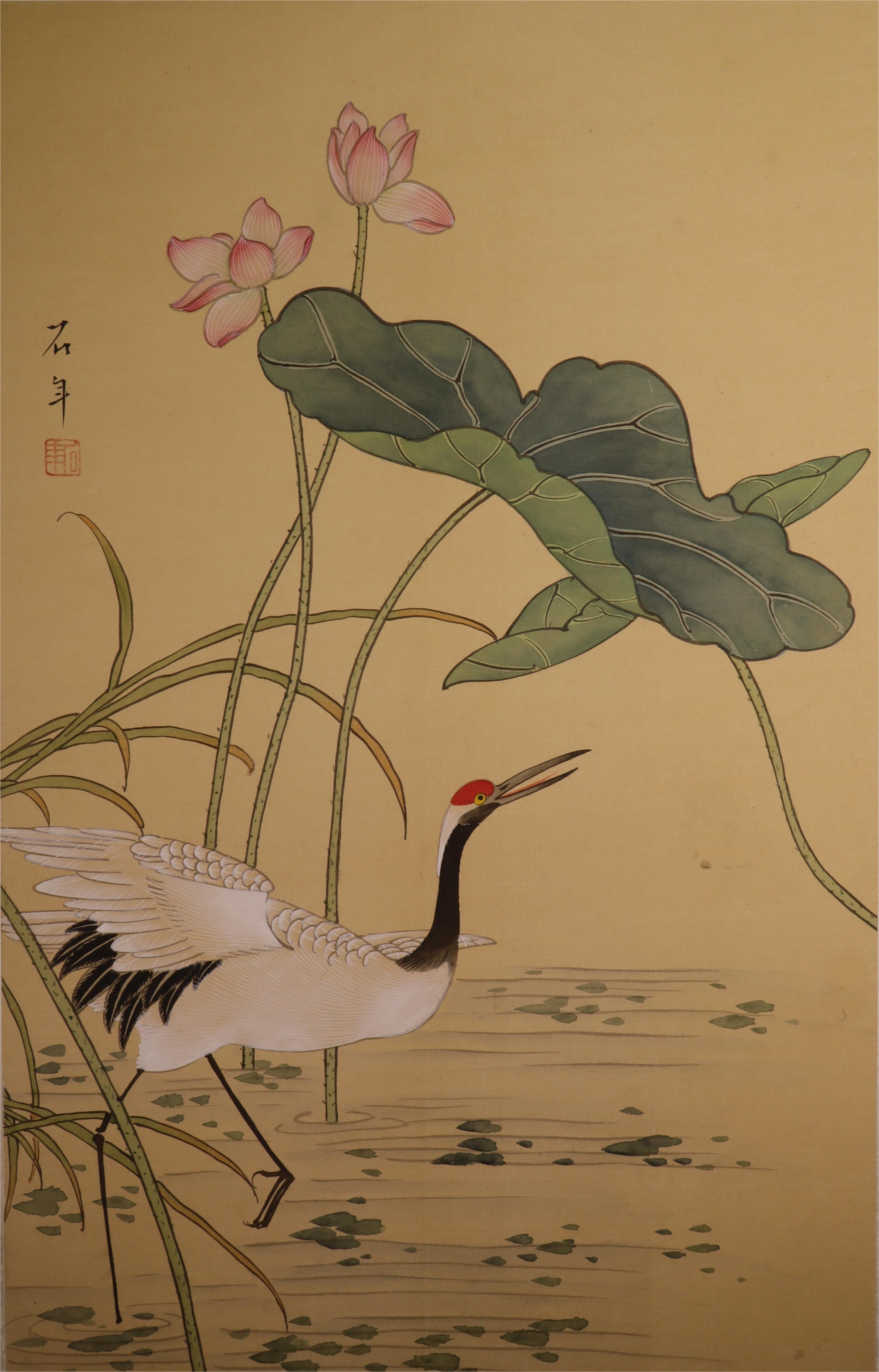 Red-Crowned Crane Silk Painting Art