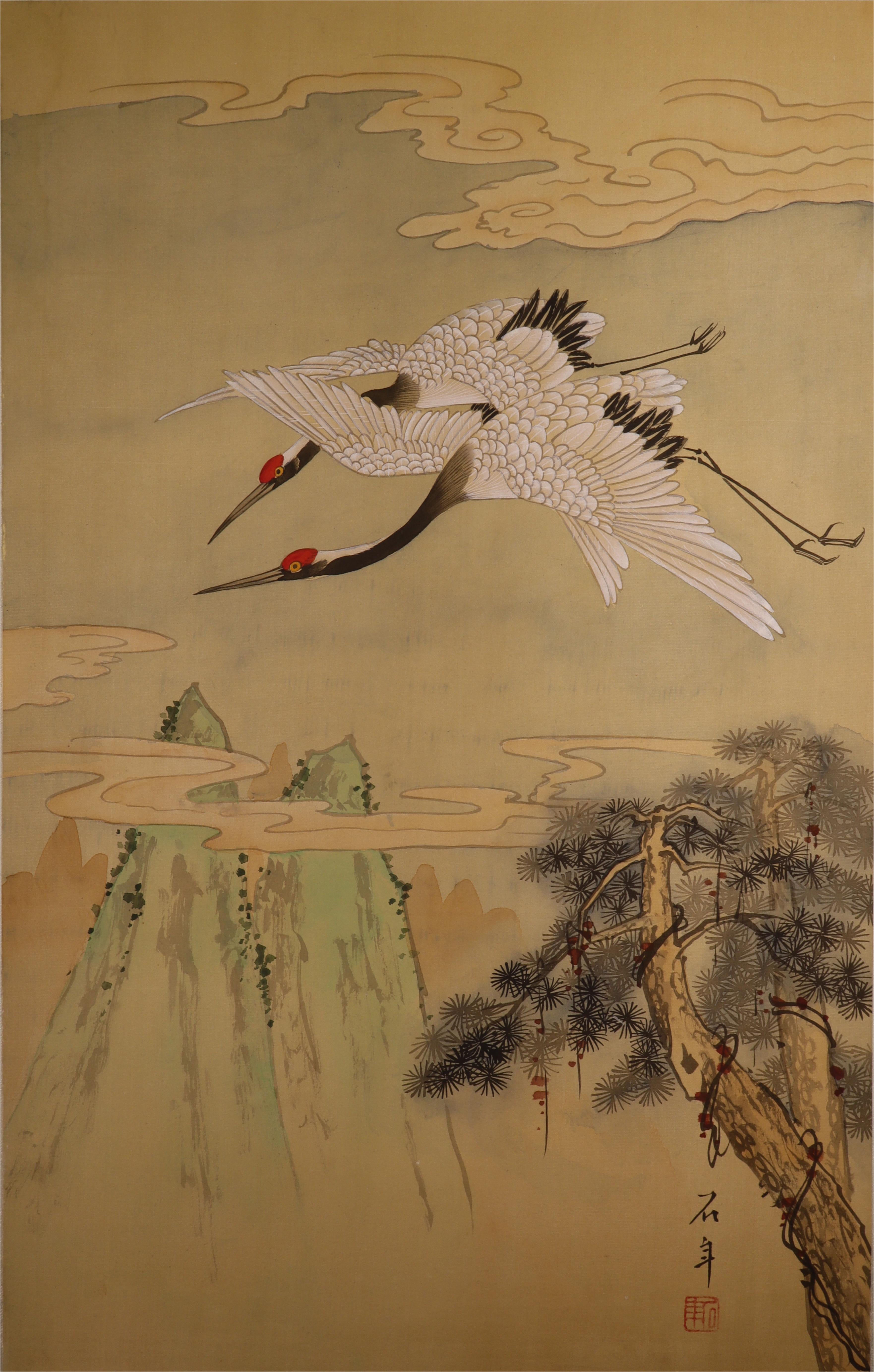 Red-Crowned Crane Silk Painting Art