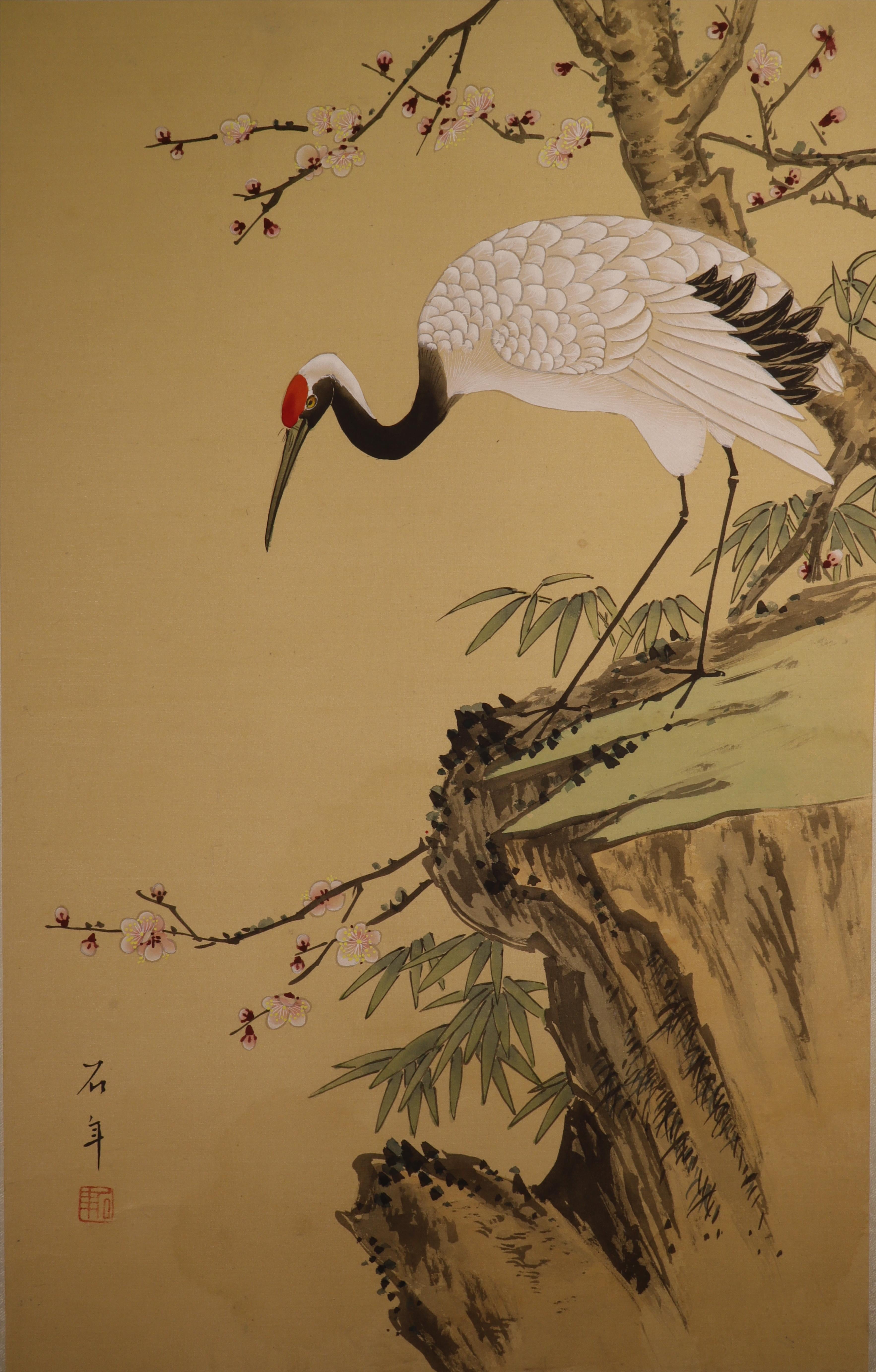 Red-Crowned Crane Silk Painting Art