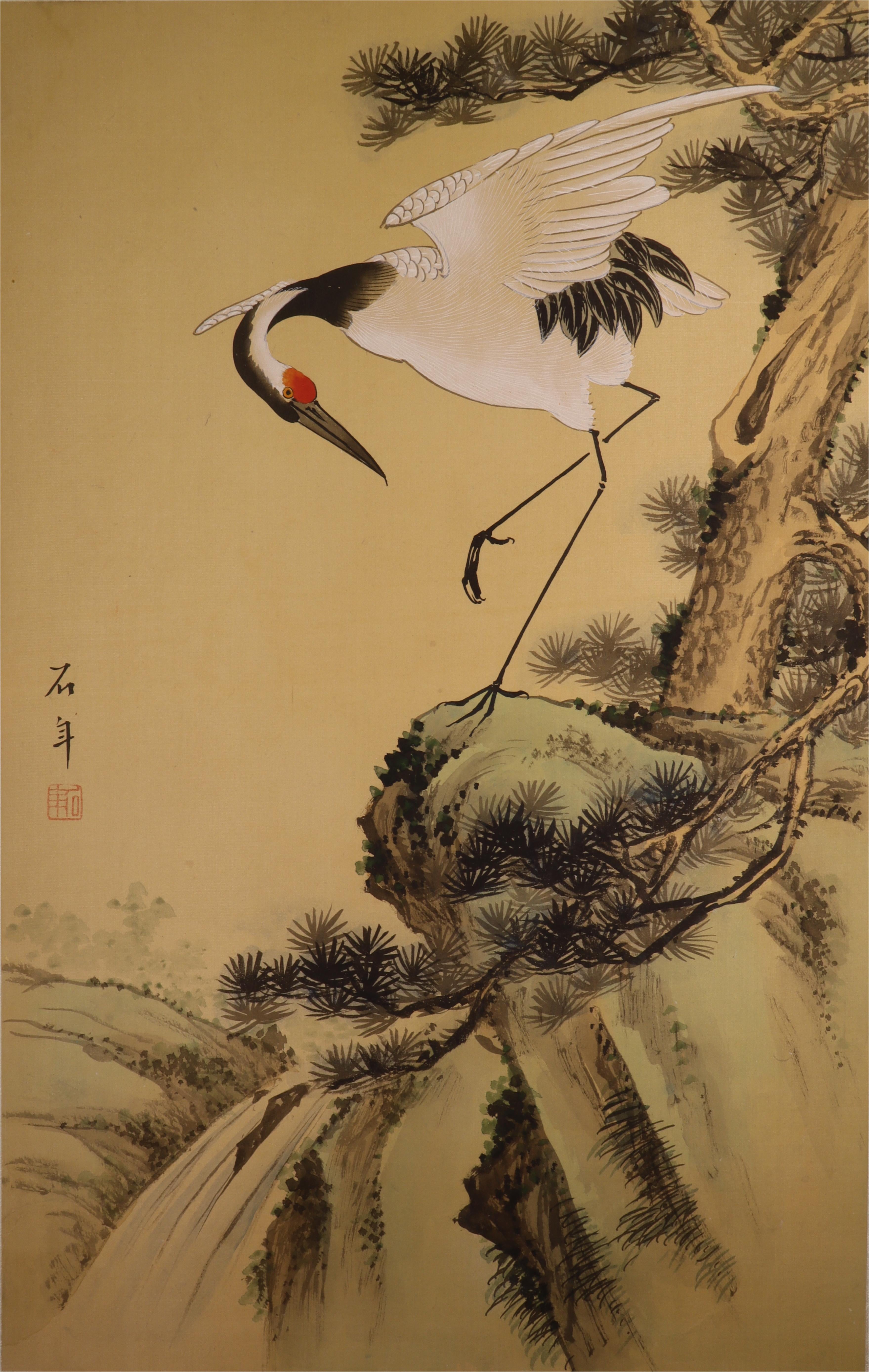 Red-Crowned Crane Silk Painting Art